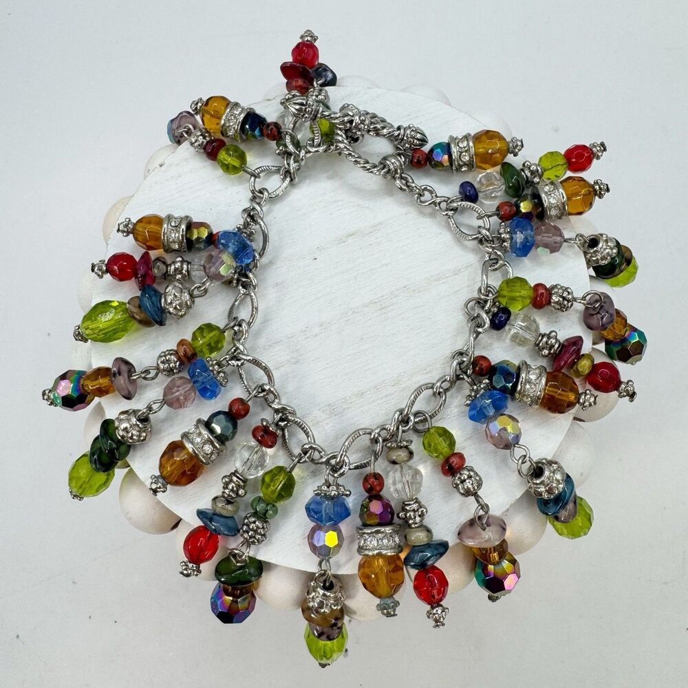 Colorful Faceted Glass Bead Cha Cha Charm Bracelet Silver Tone
